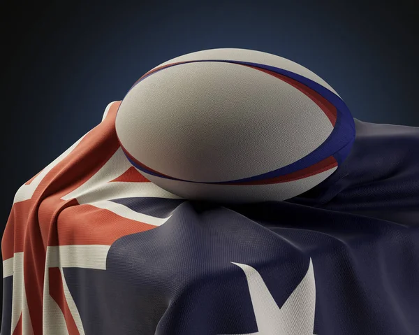 Una Pelota Rugby Regular Apoyada Una Bandera Australia Envuelta Sobre — Foto de Stock