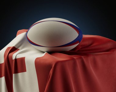 Düzenli bir rugby topu, izole edilmiş bir stüdyonun arka planında duran bir Tonga bayrağının üzerinde dinleniyor.