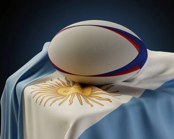 Uma Bola Rugby Regular Descansando Uma Bandeira Argentina Coberta Por — Fotografia de Stock