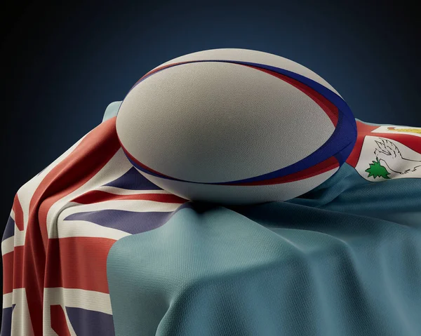 Regular Rugby Ball Resting Fiji Flag Draped Plinth Isolated Studio — Stock Photo, Image