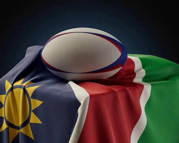 Una Pelota Rugby Regular Apoyada Una Bandera Namibia Envuelta Sobre — Foto de Stock