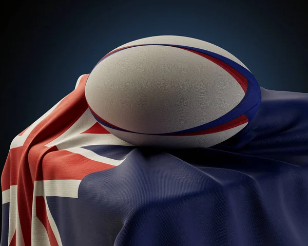 隔絶されたスタジオの背景に描かれたニュージーランドの旗の上に置かれた通常のラグビーボール 3Dレンダリング — ストック写真