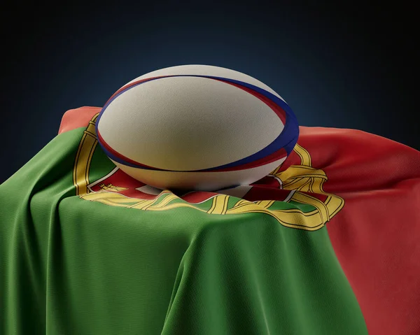 Una Pelota Rugby Regular Apoyada Una Bandera Portugal Envuelta Sobre —  Fotos de Stock