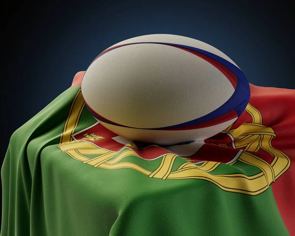 Regular Rugby Ball Resting Portugal Flag Draped Plinth Isolated Studio — Stock Photo, Image