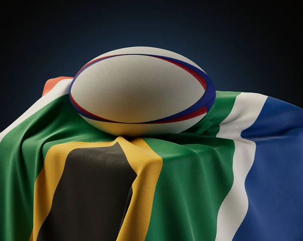 Uma Bola Rugby Regular Descansando Uma Bandeira África Sul Coberta — Fotografia de Stock