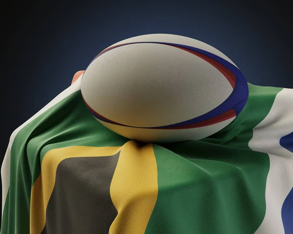 Uma Bola Rugby Regular Descansando Uma Bandeira África Sul Coberta — Fotografia de Stock