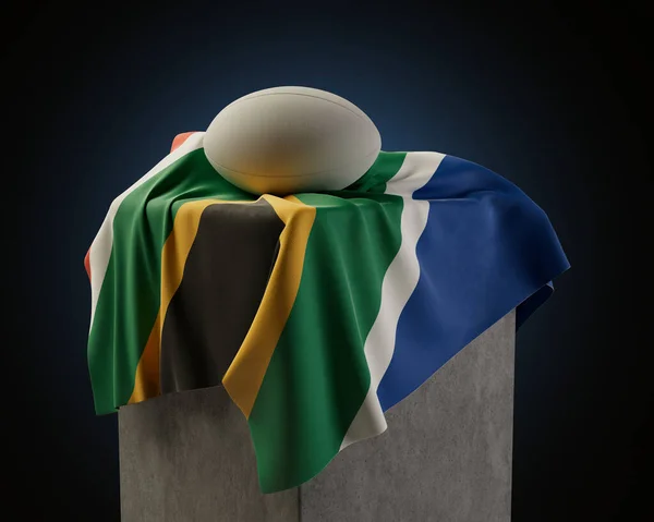 Una Pelota Rugby Regular Apoyada Una Bandera Sudáfrica Envuelta Sobre — Foto de Stock