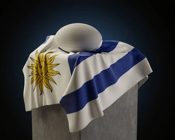 Regularna Kula Rugby Spoczywająca Urugwajskiej Fladze Zasłoniętej Nad Cokołem Odosobnionym — Zdjęcie stockowe