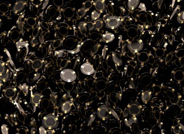 Havada yüzen altın işaretli siyah kumarhane fişleri dizisi. Koyu klas bir zemin üzerinde - 3D görüntüleme.