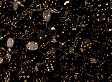 Karanlık bir arka planda havada yüzen altın işaretli yansıtıcı siyah kumarhane zarları dizisi - 3D görüntüleme