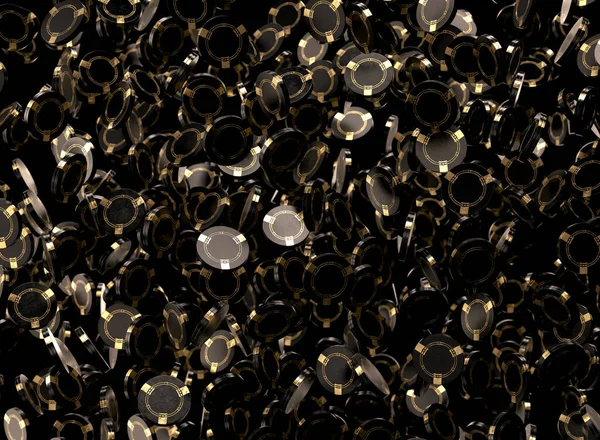 Havada yüzen altın işaretli siyah kumarhane fişleri dizisi. Koyu klas bir zemin üzerinde - 3D görüntüleme.