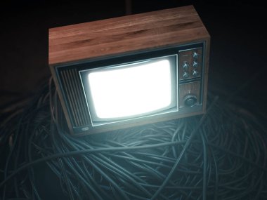 Karmaşık bir siyah kablo yığını üzerine tünemiş 80 'lerin aydınlatmalı bir vintage televizyonu her tarafı karanlık bir arka planda - 3D görüntüleme