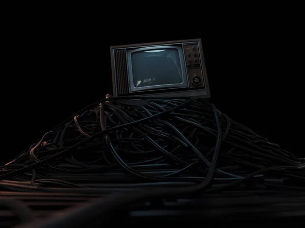 A vintage 80\'s television perched on a jumbled pile of black cables on a dark omnious background - 3D render