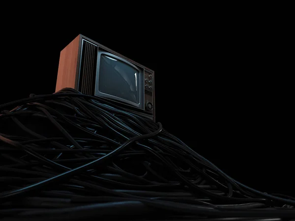 A vintage 80's television perched on a jumbled pile of black cables on a dark omnious background - 3D render