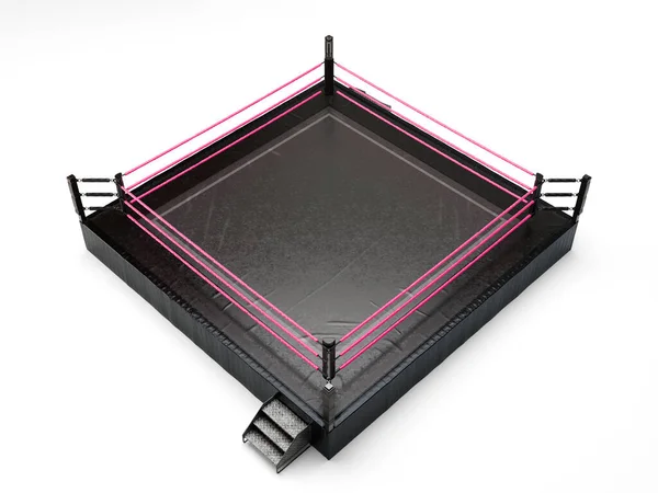 A modern oversized wrestling ring with pink ropes and a black canvas surface on an isolated white studio background - 3D render