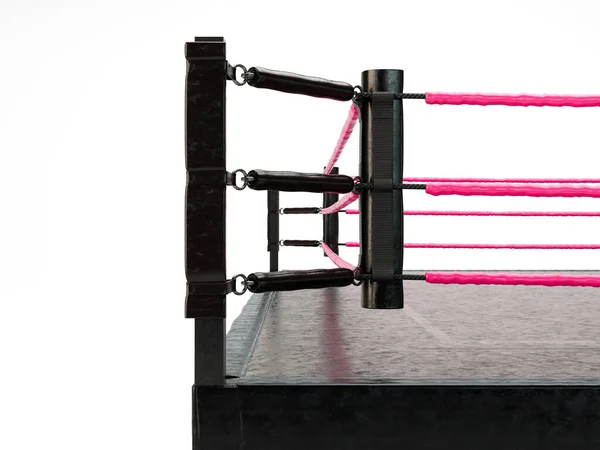 A modern oversized wrestling ring with pink ropes and a black canvas surface on an isolated white studio background - 3D render