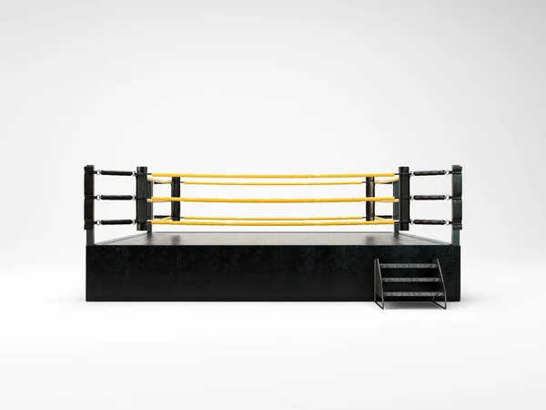 A modern regulation wrestling ring with pink ropes and a black canvas surface on an isolated white studio background - 3D render