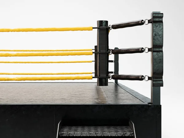 A modern regulation wrestling ring with pink ropes and a black canvas surface on an isolated white studio background - 3D render
