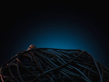 Karman çorman bir siyah elektrik kablosu yığını karanlık bir arka planda bir sahne yaratıyor.