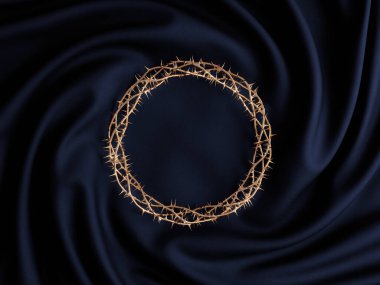 Dikenli çarmıha gerilmiş dikenli dallardan oluşan altın bir dalın etrafına örülmüş ve kıvrılmış bir kumaş.