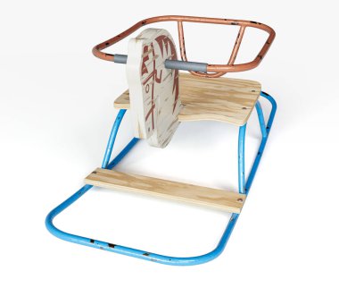 A vintage retro rocking horse seating toy made of iron bars and wood on an isolated studio background - 3D render