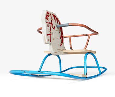 A vintage retro rocking horse seating toy made of iron bars and wood on an isolated studio background - 3D render
