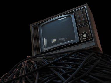 Eski bir 80 'lerin televizyonu karmaşık siyah kablolar yığını üzerine tünemiş. Her tarafı karanlık bir zemin üzerinde. Üç boyutlu.