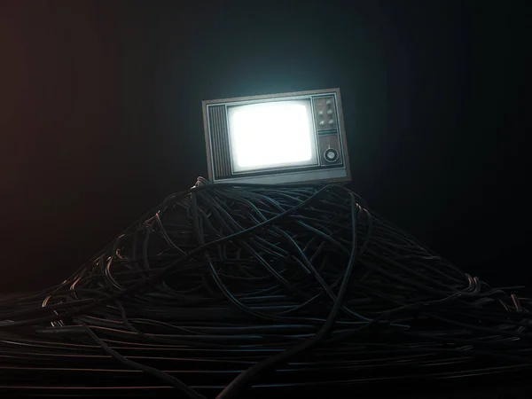 An illuminated vintage 80\'s television perched on a jumbled pile of black cables on a dark omnious background - 3D render