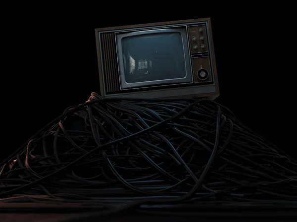 A vintage 80\'s television perched on a jumbled pile of black cables on a dark omnious background - 3D render