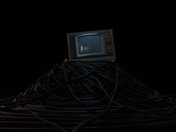A vintage 80's television perched on a jumbled pile of black cables on a dark omnious background - 3D render