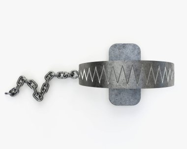 A shut metal animal hunting trap attached to the ground with a metal chain on an isolated studio background - 3D render