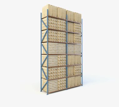 A single warehouse shelving stack packed with various sized cardboard boxes on an isolated studio - 3D render