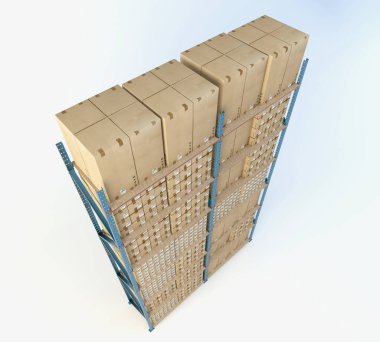 A single warehouse shelving stack packed with various sized cardboard boxes on an isolated studio - 3D render