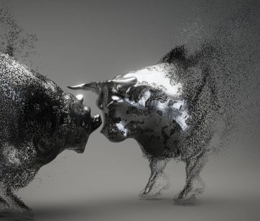 Two metal dissolving castings depicting a bull opposing a bear in dark dramatic light representing opposing financial market trends - 3D render