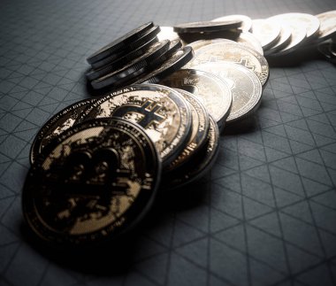 A fallen stack of gold physical bitcoin coins on line paper on a dark background - 3D render