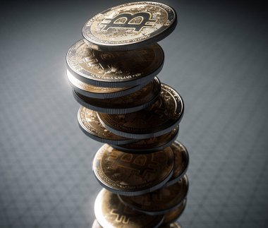 A fallen stack of gold physical bitcoin coins on line paper on a dark background - 3D render