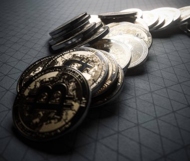 A fallen stack of gold physical bitcoin coins on line paper on a dark background - 3D render