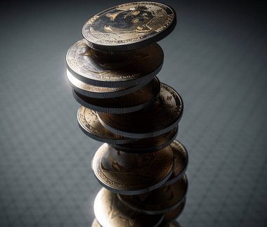 A fallen stack of gold physical dogecoin coins on line paper on a dark background - 3D render