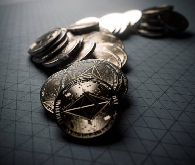 A fallen stack of gold physical ethereum coins on line paper on a dark background - 3D render