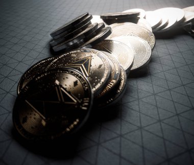 A fallen stack of gold physical ethereum coins on line paper on a dark background - 3D render