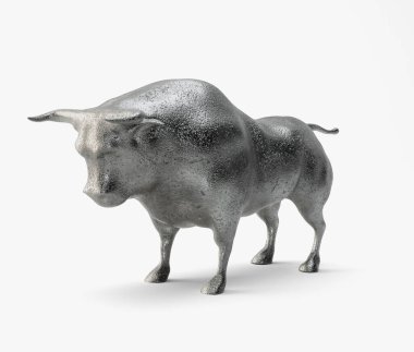 A token statuette depicting a silver bull on an isolated dark background - 3D render