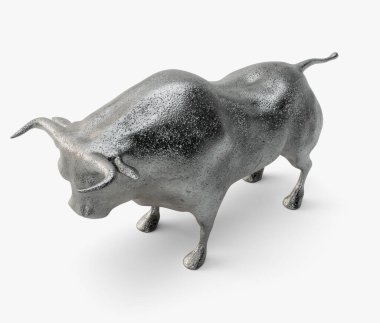 A token statuette depicting a silver bull on an isolated dark background - 3D render