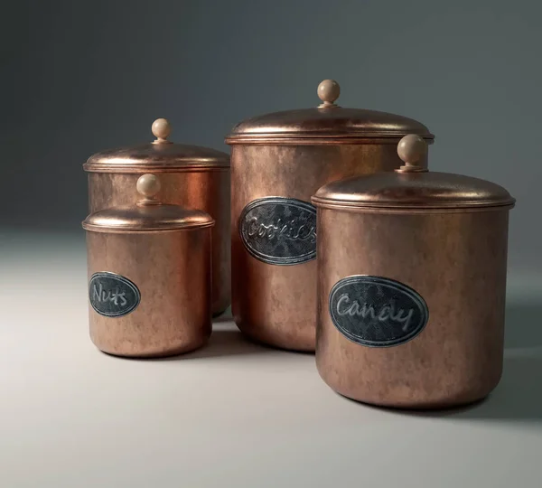 A set of for copper kitchen snack containers for laels representing nuts, candy, snacks and cookies on a background - 3D render