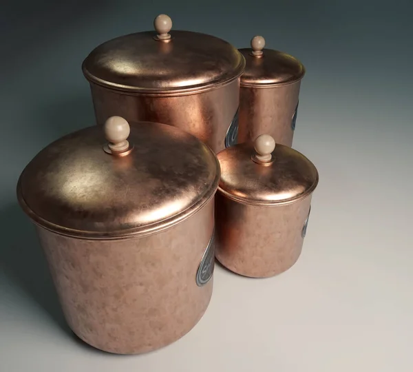 A set of for copper kitchen snack containers for laels representing nuts, candy, snacks and cookies on a background - 3D render