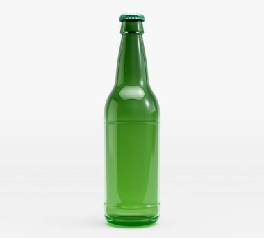A green glass beer bottle on an isolated white studio background - 3D render