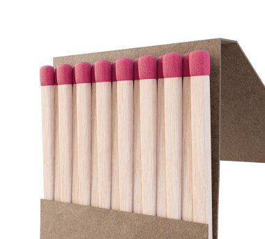 An open book of matches made with wood with pink tips in a generic white unbranded cardboard book on an isolated background - 3D render