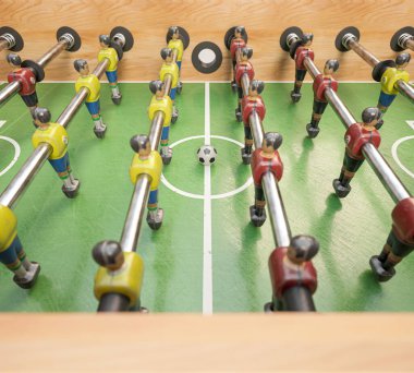 A vintage wooden foosball table with detailed metal player figurines in yellow and red on an isolated white studio background - 3D render
