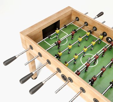 A vintage wooden foosball table with detailed metal player figurines in yellow and red on an isolated white studio background - 3D render