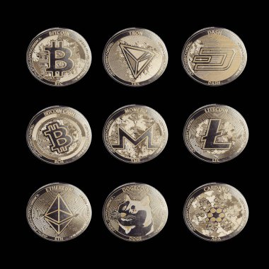 A collection of physical cryptocurrency bitcoin, ethereum, monero, tron, cardano, doge, dash, and litecoin in bronze and silver coin form on a dark studio background- 3D render