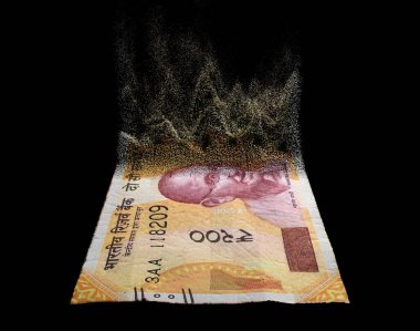 A concept image showing a half dissolved flat paper inia rupee bank note on a dark studio background - 3D render
